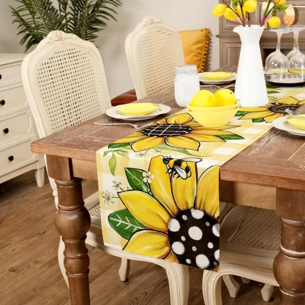 imageARKENY Summer Table Runner 13x72 Inches Sunflower Bee Yellow Seasonal Farmhouse Buffalo Plaid Burlap Indoor Kitchen Anniversary Dining Table Decor for Home Party AT60572Table Runner  13X120