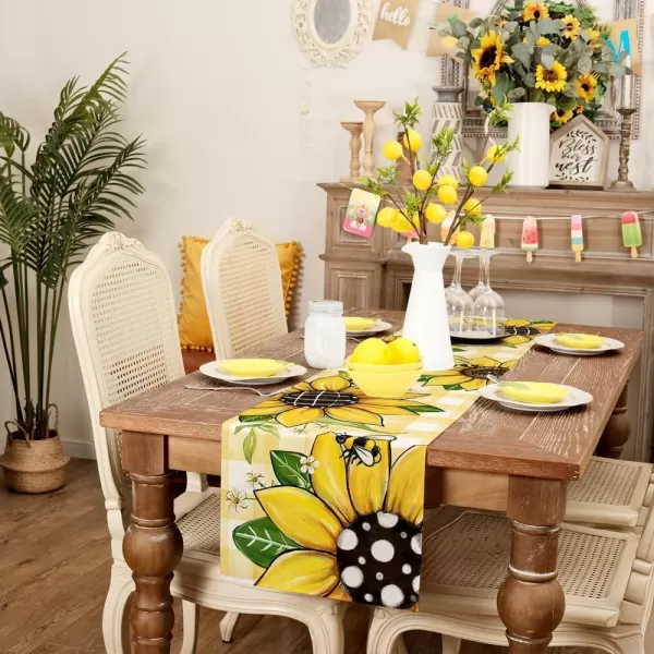 imageARKENY Summer Table Runner 13x72 Inches Sunflower Bee Yellow Seasonal Farmhouse Buffalo Plaid Burlap Indoor Kitchen Anniversary Dining Table Decor for Home Party AT60572Table Runner  13X120