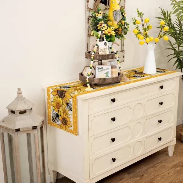 imageARKENY Summer Table Runner 13x72 Inches Sunflower Bee Yellow Seasonal Farmhouse Polka Dot Burlap Indoor Kitchen Anniversary Dining Table Decor for Home Party AT61172Table Runner  13X72