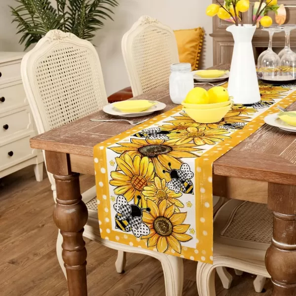 imageARKENY Summer Table Runner 13x72 Inches Sunflower Bee Yellow Seasonal Farmhouse Polka Dot Burlap Indoor Kitchen Anniversary Dining Table Decor for Home Party AT61172Table Runner  13X72