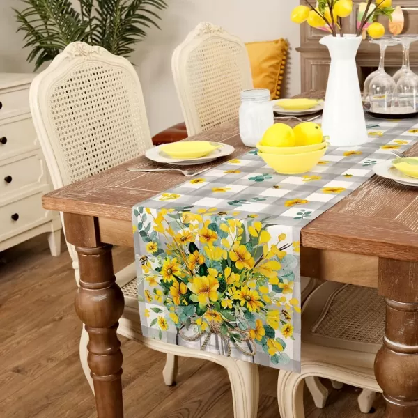 imageARKENY Summer Table Runner 13x72 Inches Yellow Flower Bee Eucalyptus Spring Seasonal Farmhouse Gray Buffalo Plaid Burlap Indoor Kitchen Anniversary Dining Table Decor for Home Party AT60272Table Runner  13X108