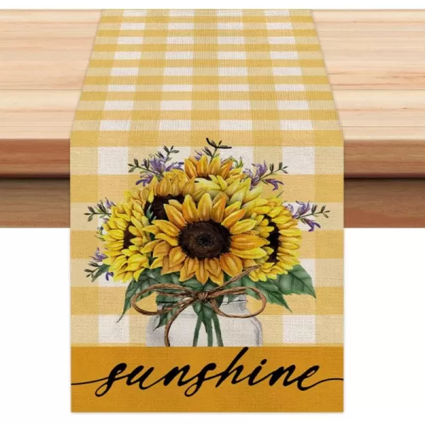 imageARKENY Summer Sunflower Sunshine Table Runner 13x72 InchesSeasonal Burlap Yellow Buffalo Plaid Farmhouse Indoor Kitchen Dining Table Decoration for Home Party