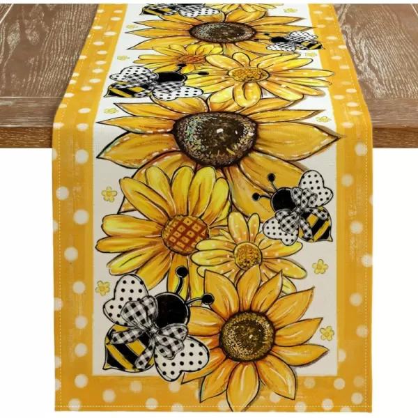 imageARKENY Summer Table Runner 13x72 Inches Sunflower Bee Yellow Seasonal Farmhouse Polka Dot Burlap Indoor Kitchen Anniversary Dining Table Decor for Home Party AT61172Table Runner  13X60