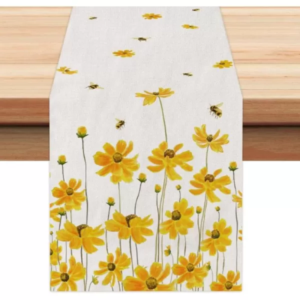 imageARKENY Summer Yellow Bee Flower Table Runner 13x48 InchesSeasonal Burlap Farmhouse Indoor Kitchen Dining Table Decoration for Home Party