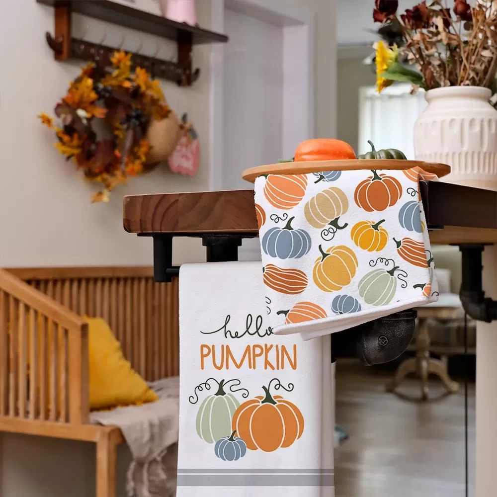 imageARKENY Fall Kitchen Towels for Fall Decor Hello Pumpkin Orange Autumn Dish Towels 18x26 Inch Set of 2Farmhouse Home Thanksgiving Harvest Vintage Decorations AD362