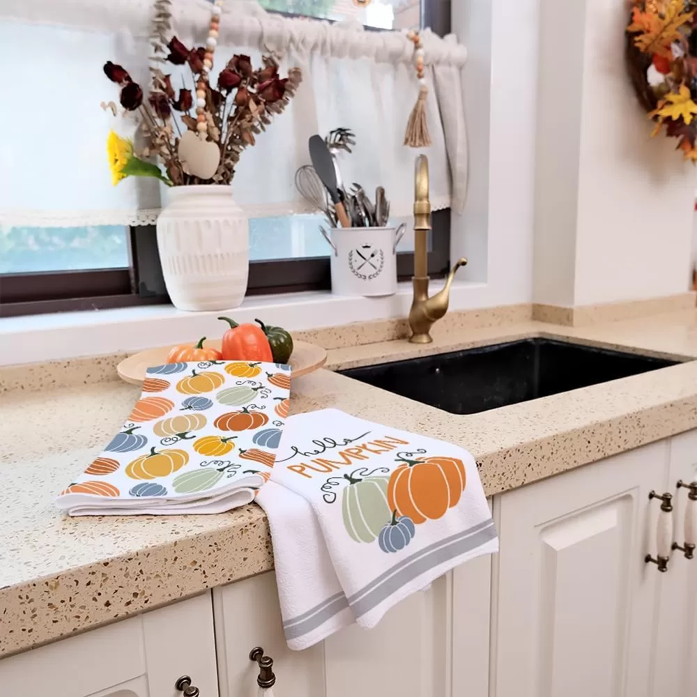 imageARKENY Fall Kitchen Towels for Fall Decor Hello Pumpkin Orange Autumn Dish Towels 18x26 Inch Set of 2Farmhouse Home Thanksgiving Harvest Vintage Decorations AD362