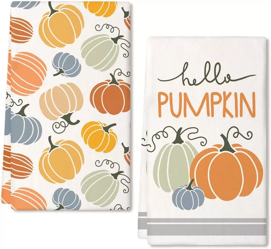 imageARKENY Fall Kitchen Towels for Fall Decor Hello Pumpkin Orange Autumn Dish Towels 18x26 Inch Set of 2Farmhouse Home Thanksgiving Harvest Vintage Decorations AD362