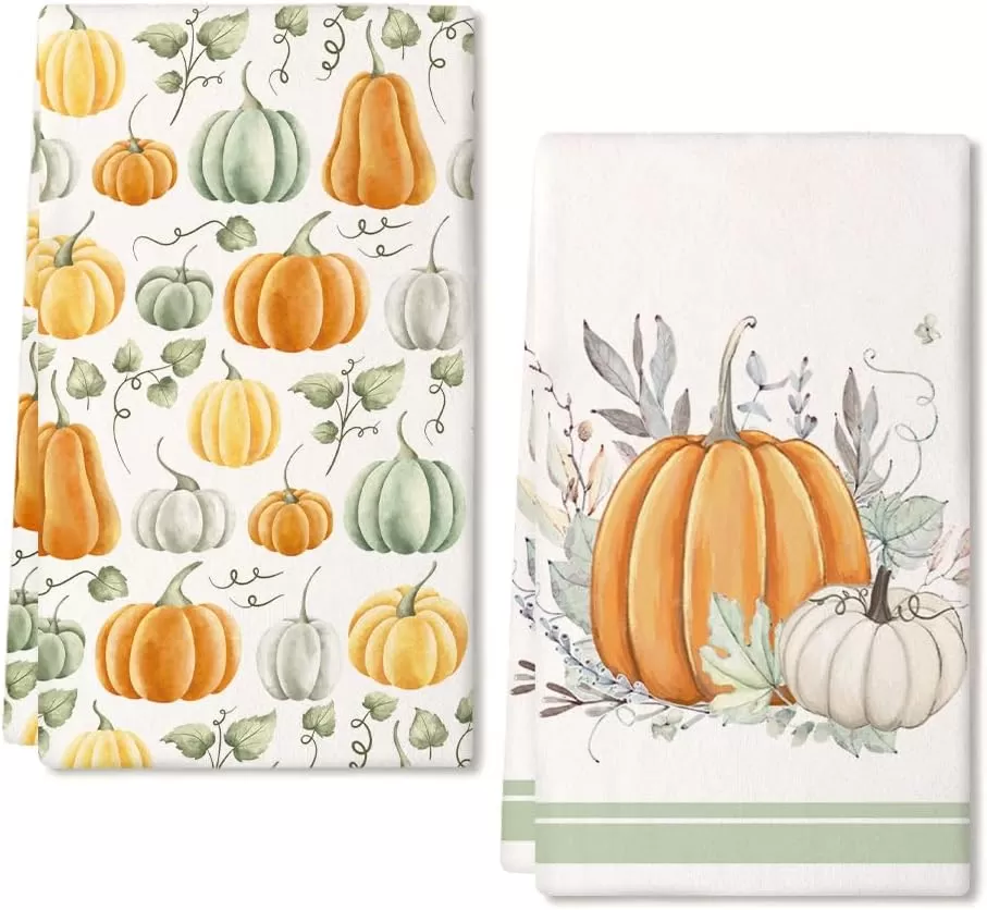 imageARKENY Fall Kitchen Towels for Fall Decor White Pumpkin Leaves Autumn Dish Towels 18x26 Inch Set of 2Farmhouse Home Thanksgiving Harvest Vintage Decorations AD363