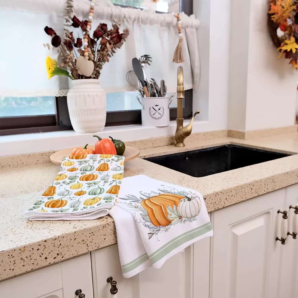 imageARKENY Fall Kitchen Towels for Fall Decor White Pumpkin Leaves Autumn Dish Towels 18x26 Inch Set of 2Farmhouse Home Thanksgiving Harvest Vintage Decorations AD363