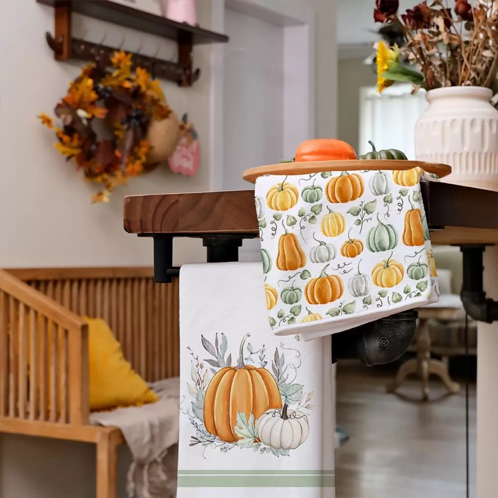 imageARKENY Fall Kitchen Towels for Fall Decor White Pumpkin Leaves Autumn Dish Towels 18x26 Inch Set of 2Farmhouse Home Thanksgiving Harvest Vintage Decorations AD363