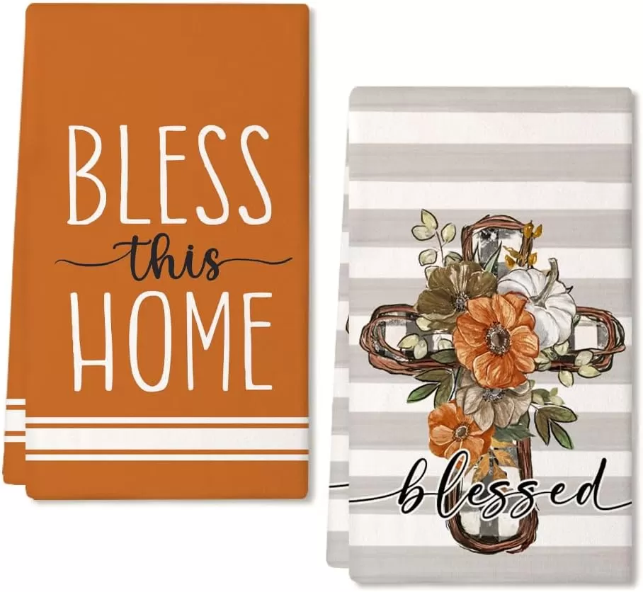 imageARKENY Fall Kitchen Towels for Fall DecorGrey Pumpkin Cross Flower Autumn Dish Towels 18x26 Inch Set of 2Farmhouse Home Thanksgiving Harvest Vintage Decorations AD356