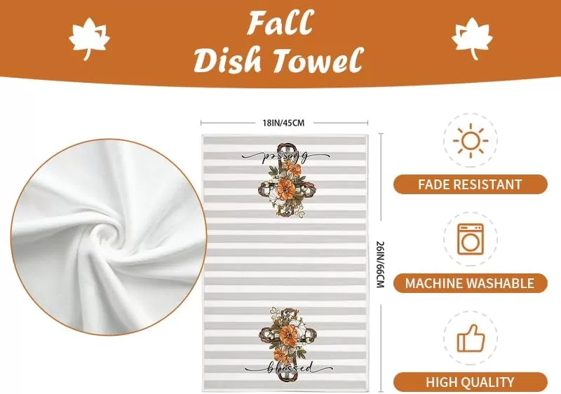 imageARKENY Fall Kitchen Towels for Fall DecorGrey Pumpkin Cross Flower Autumn Dish Towels 18x26 Inch Set of 2Farmhouse Home Thanksgiving Harvest Vintage Decorations AD356