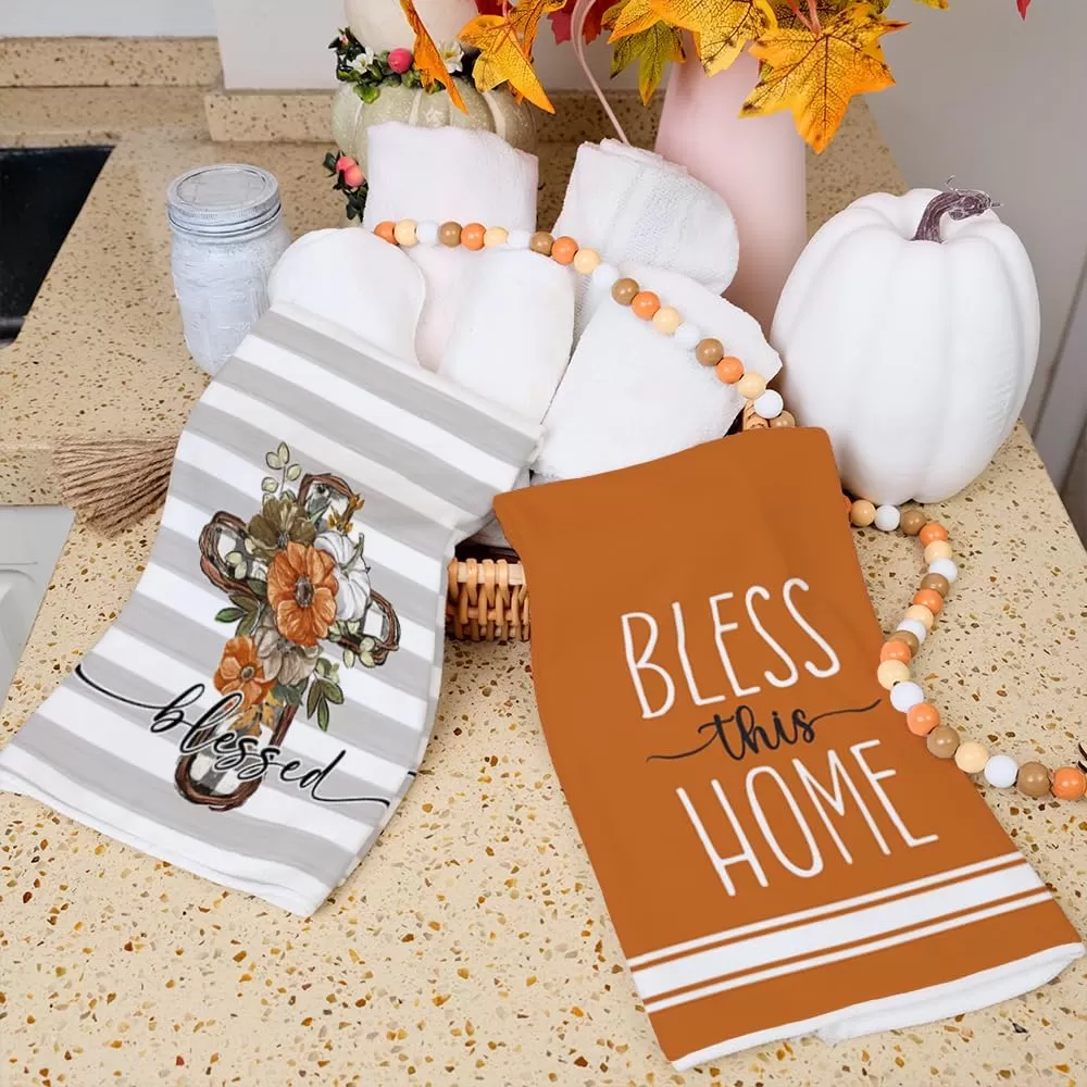 imageARKENY Fall Kitchen Towels for Fall DecorGrey Pumpkin Cross Flower Autumn Dish Towels 18x26 Inch Set of 2Farmhouse Home Thanksgiving Harvest Vintage Decorations AD356