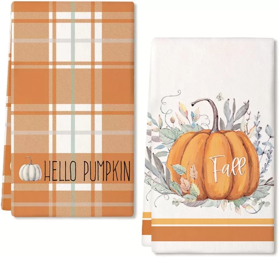 imageARKENY Fall Kitchen Towels for Fall DecorHello Pumpkin Green Leaves Autumn Dish Towels 18x26 Inch Set of 2Farmhouse Home Thanksgiving Harvest Vintage Decorations AD364 Orange