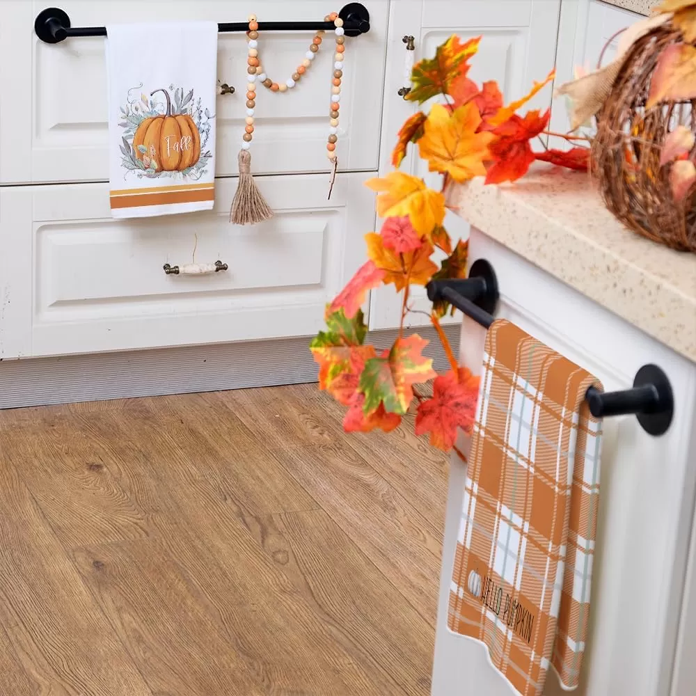 imageARKENY Fall Kitchen Towels for Fall DecorHello Pumpkin Green Leaves Autumn Dish Towels 18x26 Inch Set of 2Farmhouse Home Thanksgiving Harvest Vintage Decorations AD364 Orange