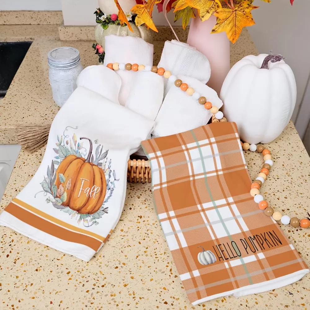 imageARKENY Fall Kitchen Towels for Fall DecorHello Pumpkin Green Leaves Autumn Dish Towels 18x26 Inch Set of 2Farmhouse Home Thanksgiving Harvest Vintage Decorations AD364 Orange