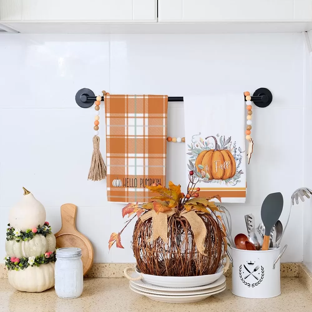 imageARKENY Fall Kitchen Towels for Fall DecorHello Pumpkin Green Leaves Autumn Dish Towels 18x26 Inch Set of 2Farmhouse Home Thanksgiving Harvest Vintage Decorations AD364 Orange