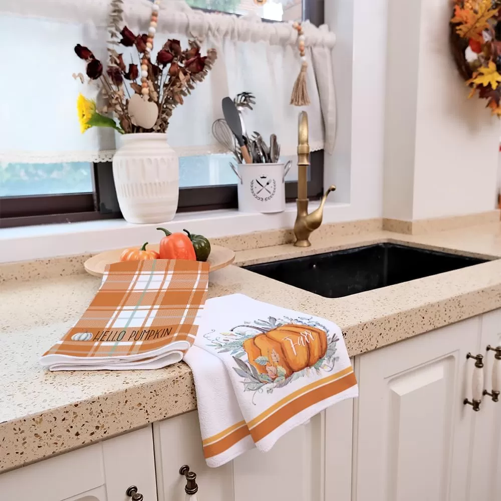 imageARKENY Fall Kitchen Towels for Fall DecorHello Pumpkin Green Leaves Autumn Dish Towels 18x26 Inch Set of 2Farmhouse Home Thanksgiving Harvest Vintage Decorations AD364 Orange