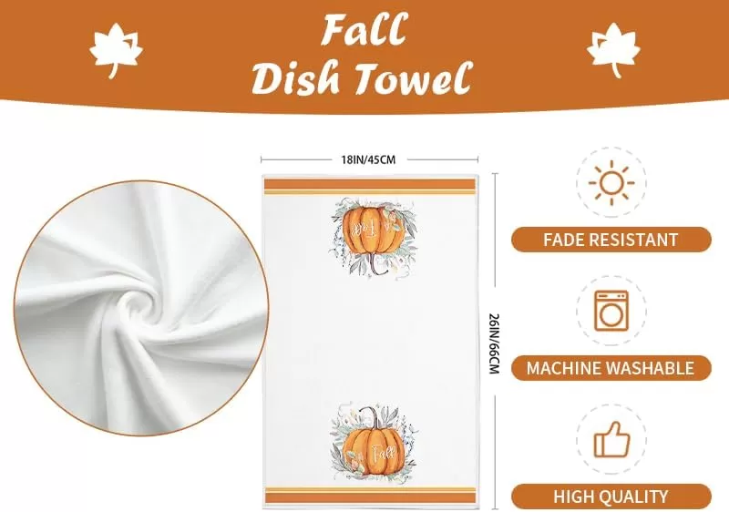 imageARKENY Fall Kitchen Towels for Fall DecorHello Pumpkin Green Leaves Autumn Dish Towels 18x26 Inch Set of 2Farmhouse Home Thanksgiving Harvest Vintage Decorations AD364 Orange