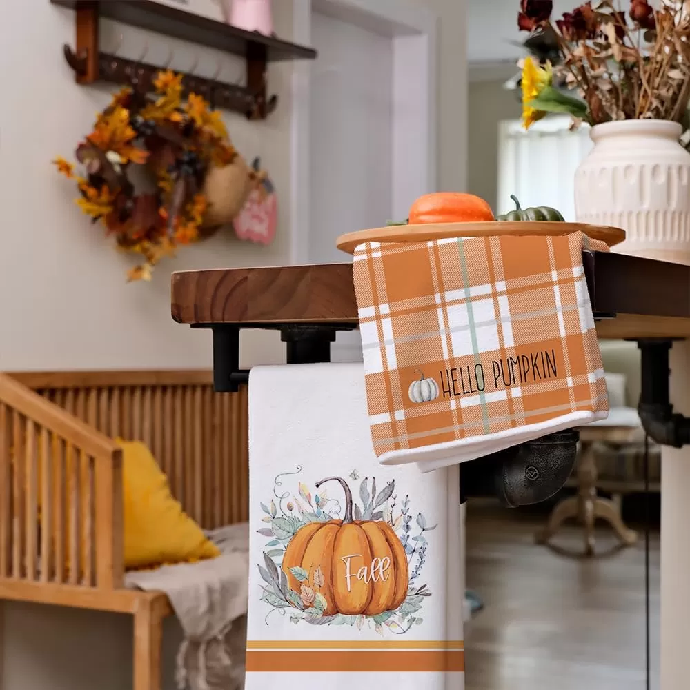 imageARKENY Fall Kitchen Towels for Fall DecorHello Pumpkin Green Leaves Autumn Dish Towels 18x26 Inch Set of 2Farmhouse Home Thanksgiving Harvest Vintage Decorations AD364 Orange