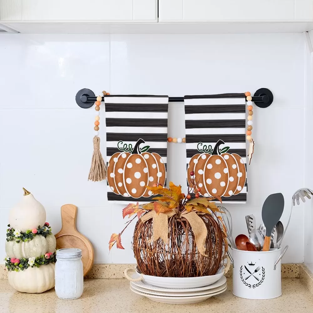 imageARKENY Fall Kitchen Towels for Fall DecorOrange Pumpkin Polka Dot Stripes Autumn Dish Towels 18x26 InchFarmhouse Home Thanksgiving Harvest Vintage Decorations Set of 2 AD006V2