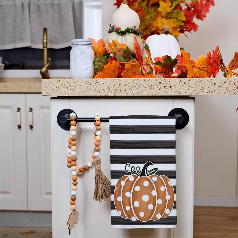 imageARKENY Fall Kitchen Towels for Fall DecorOrange Pumpkin Polka Dot Stripes Autumn Dish Towels 18x26 InchFarmhouse Home Thanksgiving Harvest Vintage Decorations Set of 2 AD006V2