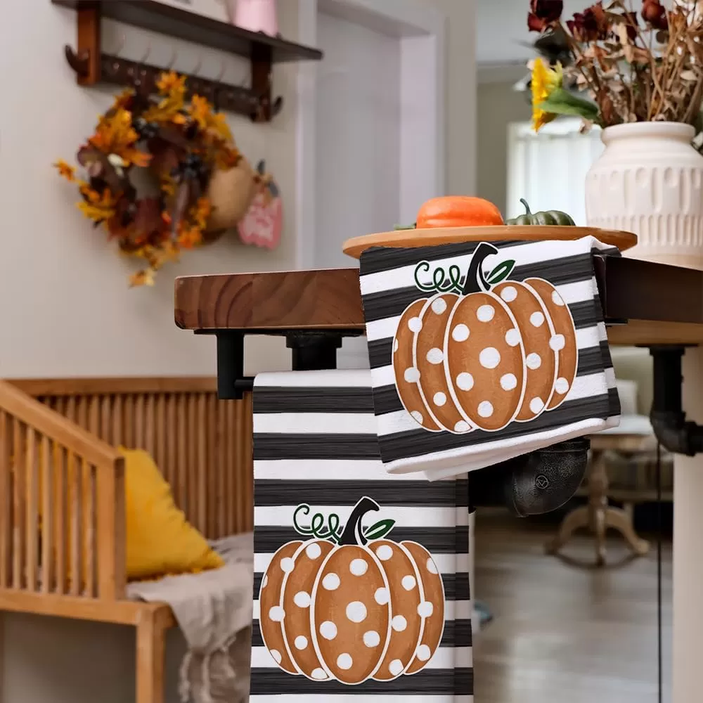 imageARKENY Fall Kitchen Towels for Fall DecorOrange Pumpkin Polka Dot Stripes Autumn Dish Towels 18x26 InchFarmhouse Home Thanksgiving Harvest Vintage Decorations Set of 2 AD006V2