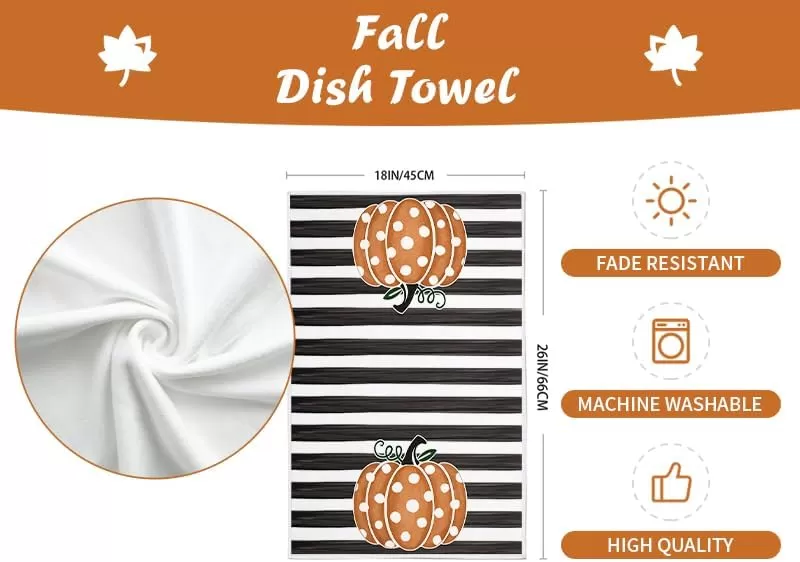 imageARKENY Fall Kitchen Towels for Fall DecorOrange Pumpkin Polka Dot Stripes Autumn Dish Towels 18x26 InchFarmhouse Home Thanksgiving Harvest Vintage Decorations Set of 2 AD006V2