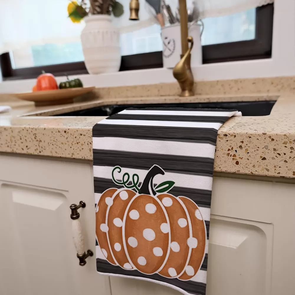 imageARKENY Fall Kitchen Towels for Fall DecorOrange Pumpkin Polka Dot Stripes Autumn Dish Towels 18x26 InchFarmhouse Home Thanksgiving Harvest Vintage Decorations Set of 2 AD006V2