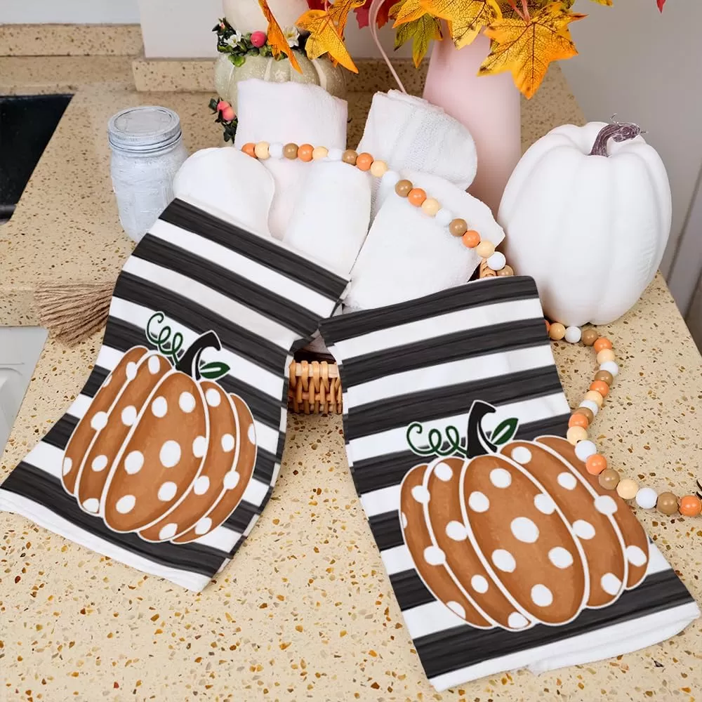 imageARKENY Fall Kitchen Towels for Fall DecorOrange Pumpkin Polka Dot Stripes Autumn Dish Towels 18x26 InchFarmhouse Home Thanksgiving Harvest Vintage Decorations Set of 2 AD006V2
