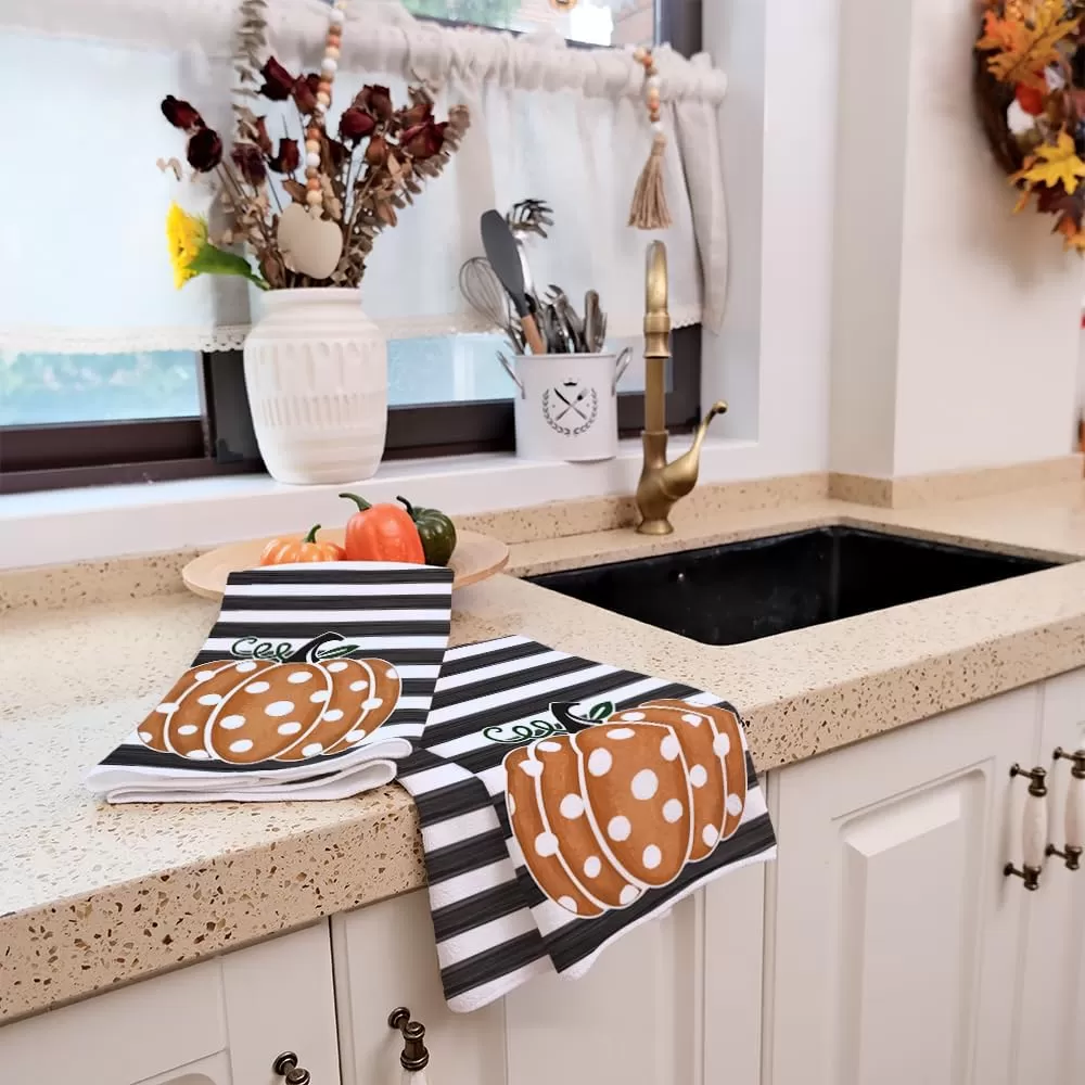 imageARKENY Fall Kitchen Towels for Fall DecorOrange Pumpkin Polka Dot Stripes Autumn Dish Towels 18x26 InchFarmhouse Home Thanksgiving Harvest Vintage Decorations AD006V1