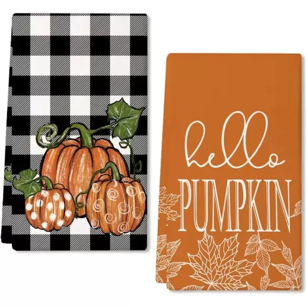 imageARKENY Fall Kitchen Towels Set of 2Black Buffalo Check Pumpkin Autumn Dish Towels 18x26 Inch Drying DishclothFarmhouse Home Decoration AD127Orange 2