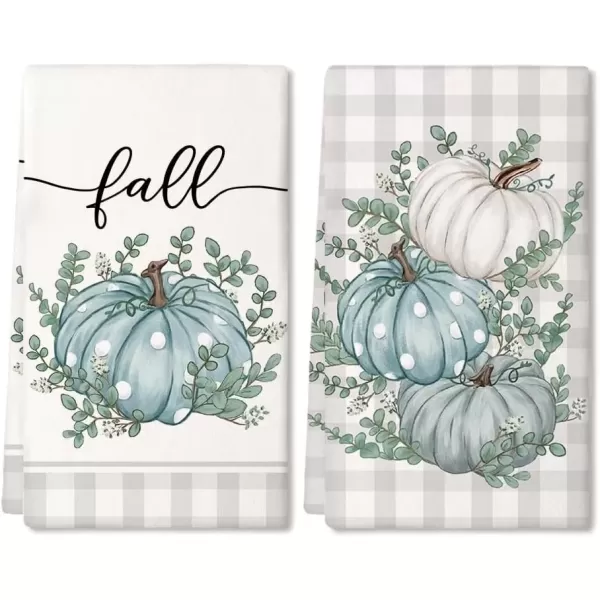 imageARKENY Fall Kitchen Towels Set of 2Blue Pumpkin Grey Buffalo Check Autumn Dish Towels 18x26 Inch Drying DishclothFarmhouse Home Decoration AD117Blue