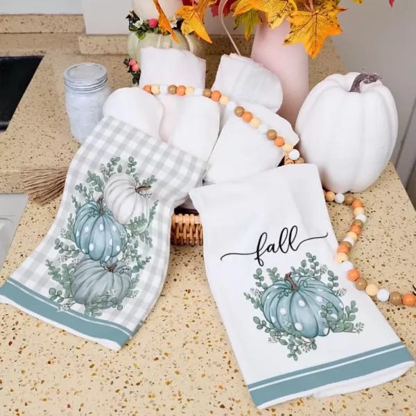 imageARKENY Fall Kitchen Towels Set of 2Blue Pumpkin Grey Buffalo Check Autumn Dish Towels 18x26 Inch Drying DishclothFarmhouse Home Decoration AD117Blue Pumpkin