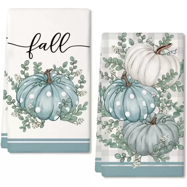 imageARKENY Fall Kitchen Towels Set of 2Blue Pumpkin Grey Buffalo Check Autumn Dish Towels 18x26 Inch Drying DishclothFarmhouse Home Decoration AD117Blue Pumpkin