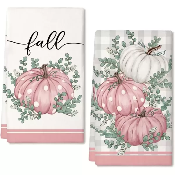 imageARKENY Fall Kitchen Towels Set of 2Blue Pumpkin Grey Buffalo Check Autumn Dish Towels 18x26 Inch Drying DishclothFarmhouse Home Decoration AD117Pink Pumpkin