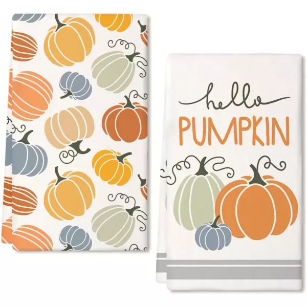 imageARKENY Fall Kitchen Towels for Fall Decor Hello Pumpkin Orange Autumn Dish Towels 18x26 Inch Set of 2Farmhouse Home Thanksgiving Harvest Vintage Decorations AD362