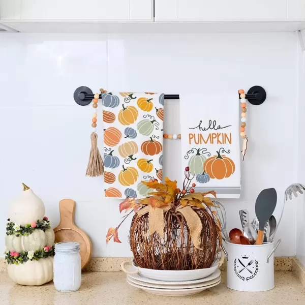 imageARKENY Fall Kitchen Towels for Fall Decor Hello Pumpkin Orange Autumn Dish Towels 18x26 Inch Set of 2Farmhouse Home Thanksgiving Harvest Vintage Decorations AD362