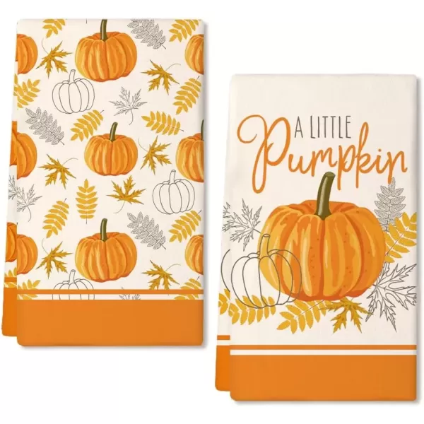 imageARKENY Fall Kitchen Towels for Fall Decor Orange A Little Pumpkin Leaves Autumn Dish Towels 18x26 Inch Set of 2Farmhouse Home Thanksgiving Harvest Vintage Decorations AD359