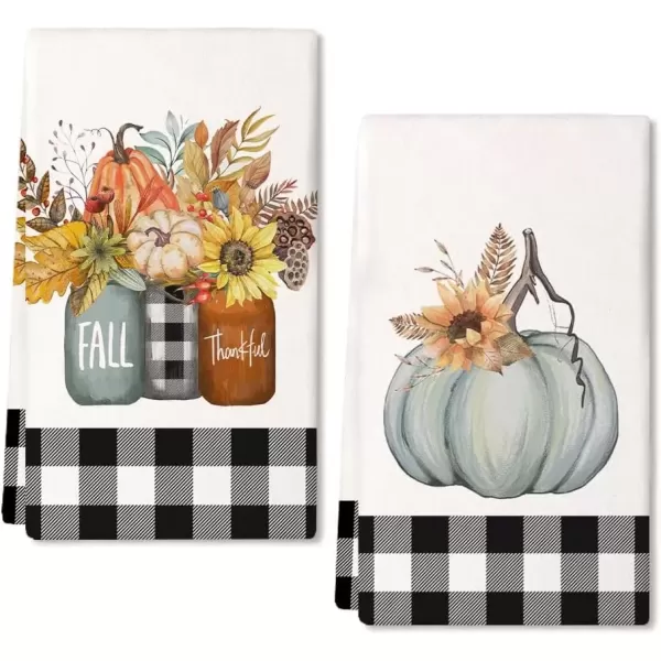 imageARKENY Fall Kitchen Towels for Fall DecorBlack Buffalo Plaid Pumpkin Flower Leaves Vase Autumn Dish Towels 18x26 Inch Set of 2Farmhouse Home Thanksgiving Harvest Vintage Decorations AD366