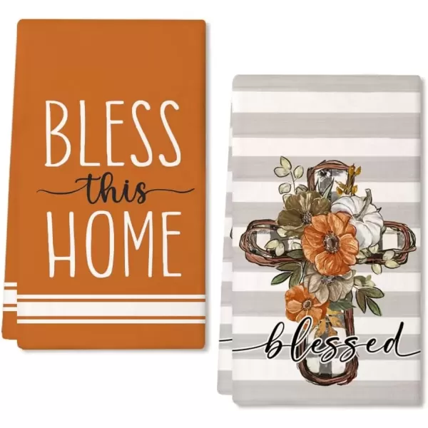 imageARKENY Fall Kitchen Towels for Fall DecorGrey Pumpkin Cross Flower Autumn Dish Towels 18x26 Inch Set of 2Farmhouse Home Thanksgiving Harvest Vintage Decorations AD356