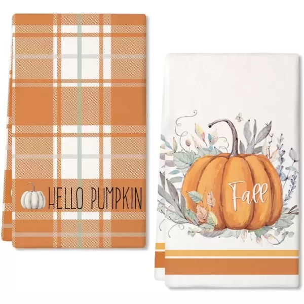 imageARKENY Fall Kitchen Towels for Fall DecorHello Pumpkin Green Leaves Autumn Dish Towels 18x26 Inch Set of 2Farmhouse Home Thanksgiving Harvest Vintage Decorations AD364 Orange