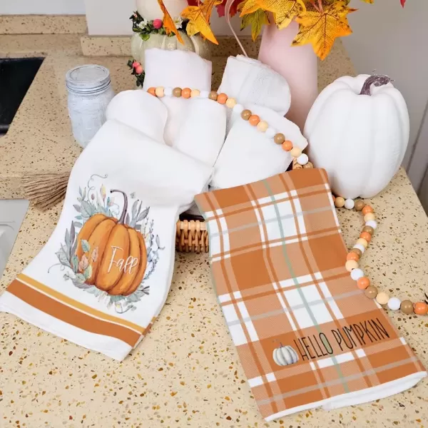 imageARKENY Fall Kitchen Towels for Fall DecorHello Pumpkin Green Leaves Autumn Dish Towels 18x26 Inch Set of 2Farmhouse Home Thanksgiving Harvest Vintage Decorations AD364 Orange