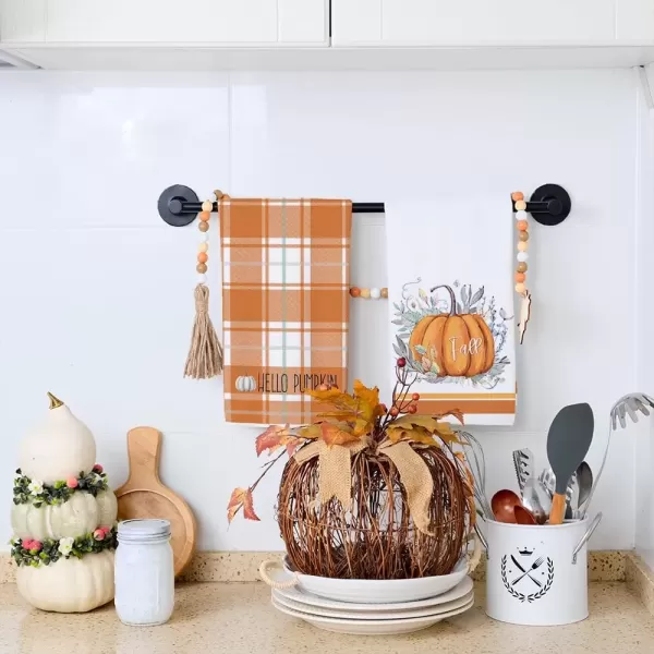 imageARKENY Fall Kitchen Towels for Fall DecorHello Pumpkin Green Leaves Autumn Dish Towels 18x26 Inch Set of 2Farmhouse Home Thanksgiving Harvest Vintage Decorations AD364 Orange