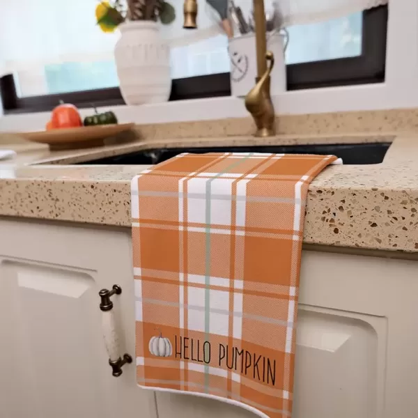 imageARKENY Fall Kitchen Towels for Fall DecorHello Pumpkin Green Leaves Autumn Dish Towels 18x26 Inch Set of 2Farmhouse Home Thanksgiving Harvest Vintage Decorations AD364 Orange