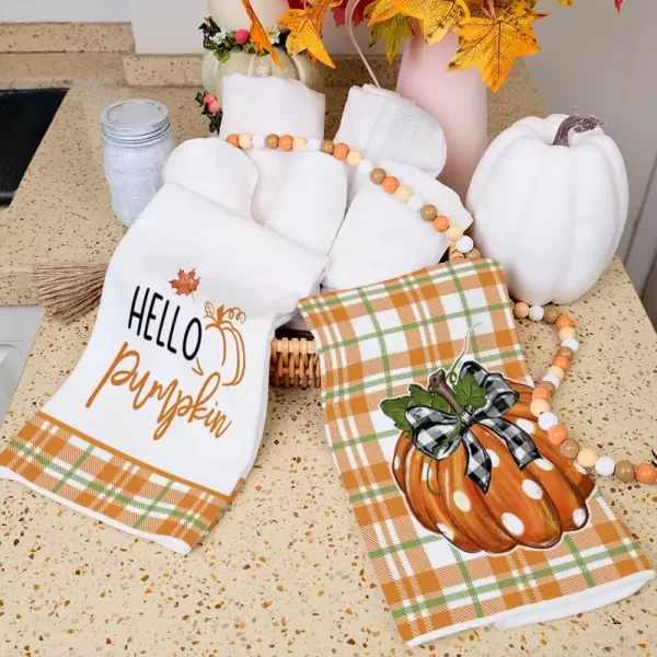 imageARKENY Fall Kitchen Towels for Fall DecorHello Pumpkin Orange Buffalo Plaid Autumn Dish Towels 18x26 Inch Set of 2Farmhouse Home Thanksgiving Harvest Vintage Decorations AD340