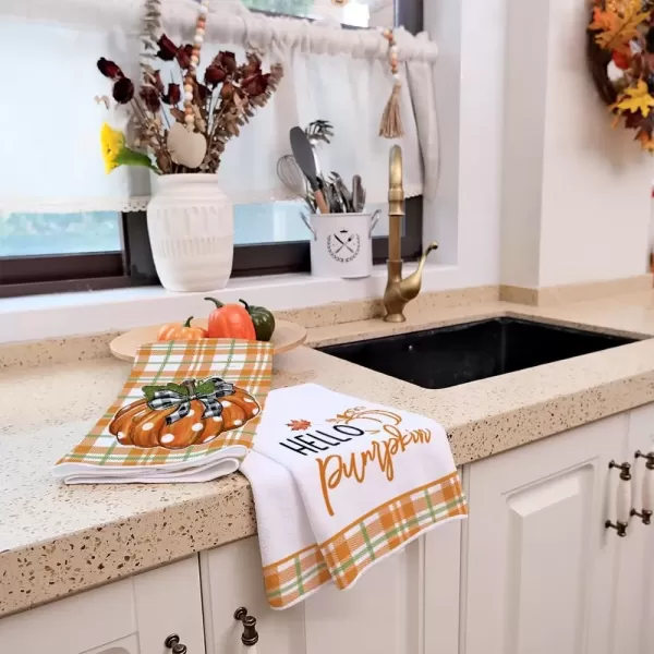 imageARKENY Fall Kitchen Towels for Fall DecorHello Pumpkin Orange Buffalo Plaid Autumn Dish Towels 18x26 Inch Set of 2Farmhouse Home Thanksgiving Harvest Vintage Decorations AD340