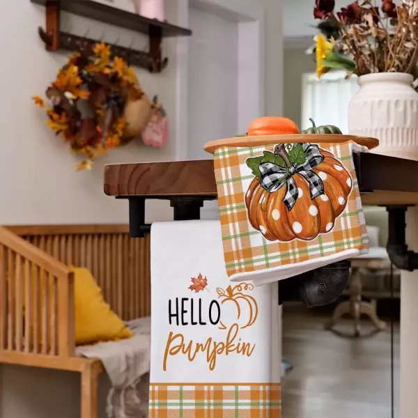 imageARKENY Fall Kitchen Towels for Fall DecorHello Pumpkin Orange Buffalo Plaid Autumn Dish Towels 18x26 Inch Set of 2Farmhouse Home Thanksgiving Harvest Vintage Decorations AD340