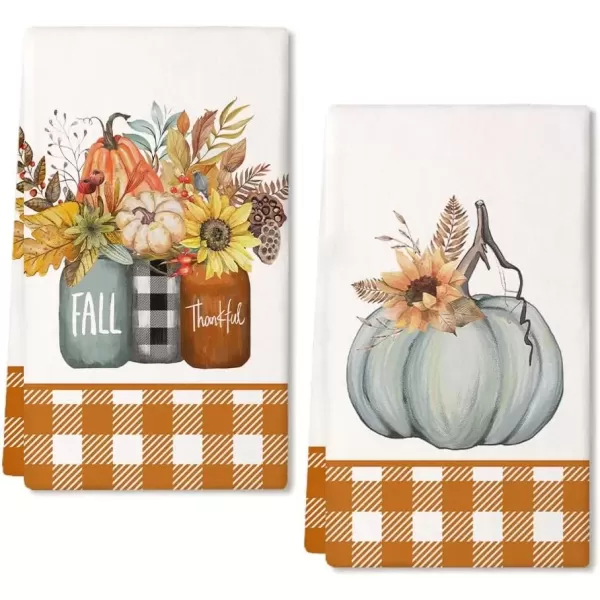 imageARKENY Fall Kitchen Towels for Fall DecorOrange Buffalo Plaid Pumpkin Flower Leaves Vase Autumn Dish Towels 18x26 Inch Set of 2Farmhouse Home Thanksgiving Harvest Vintage Decorations AD365