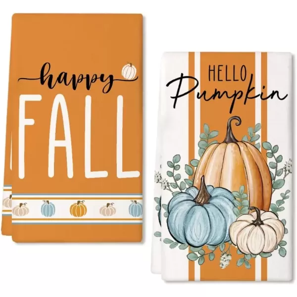 imageARKENY Fall Kitchen Towels for Fall DecorOrange Hello Pumpkin Eucalyptus Leaves Autumn Dish Towels 18x26 Inch Set of 2Farmhouse Home Thanksgiving Harvest Vintage Decorations AD343Orange